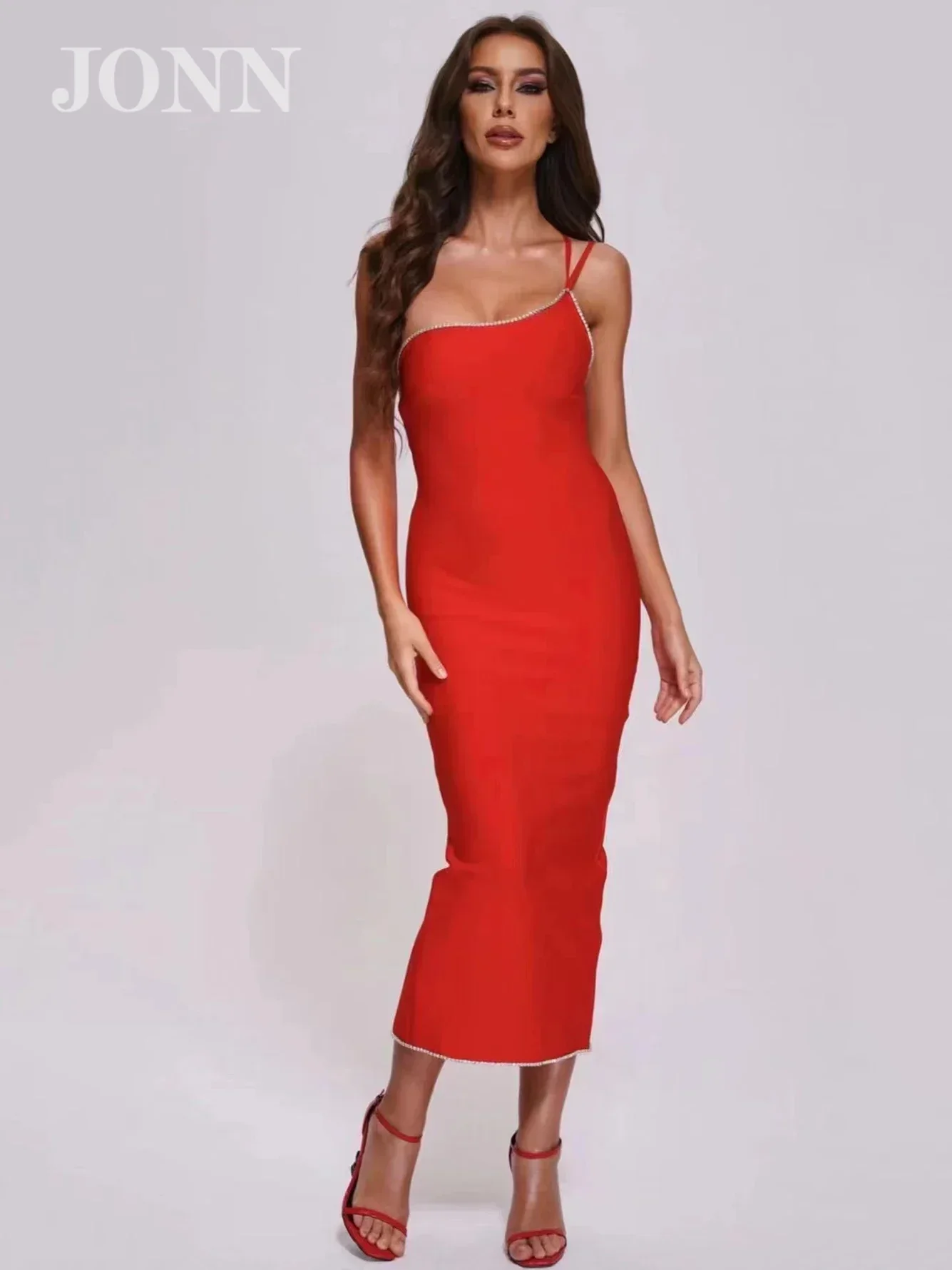 

JONN 2024 High Quality Women's Red Bandage Dress Sexy One Shoulder Sleeveless Backless Lace Up Diamond Celebrity Party Vestidos