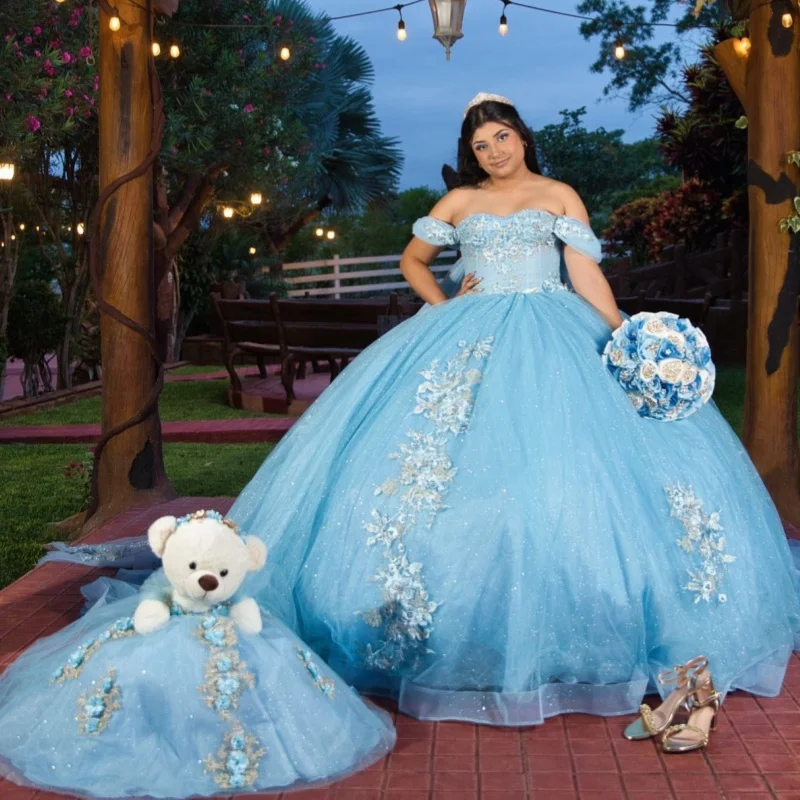 

Блестящее небесно-голубое платье Quinceanera с кристаллами и блестящей наклейкой, 3D цветок, длинный хвост, Vestidos De 15, Quinceanera ﻿ Настроить