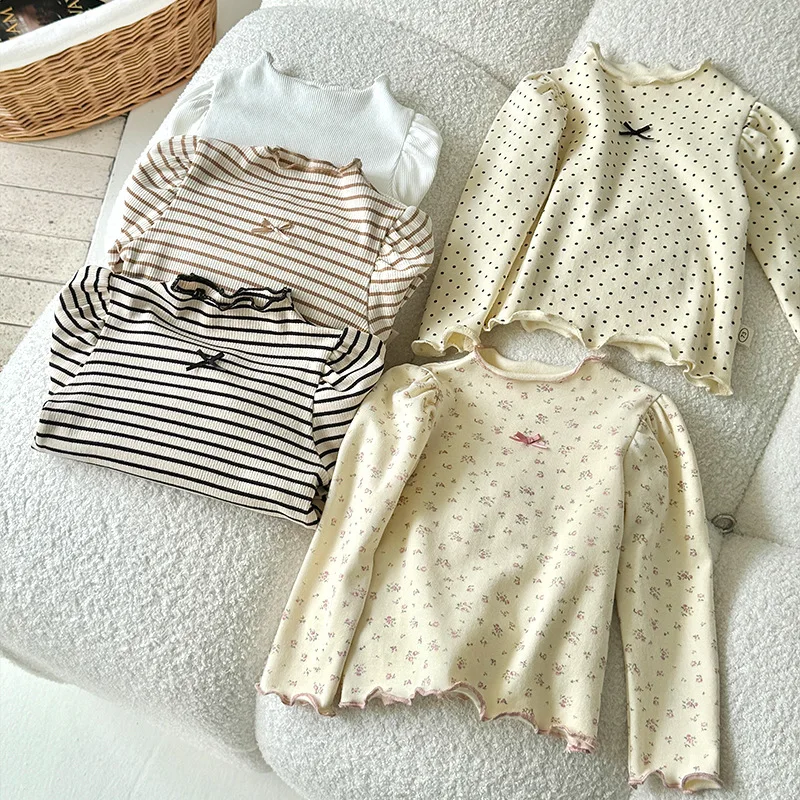 

Поп-рубашка в полоску для девочек, базовая рубашка, новинка 2023 года, осенняя футболка в горошек для малышей, детский корейский топ с каймой