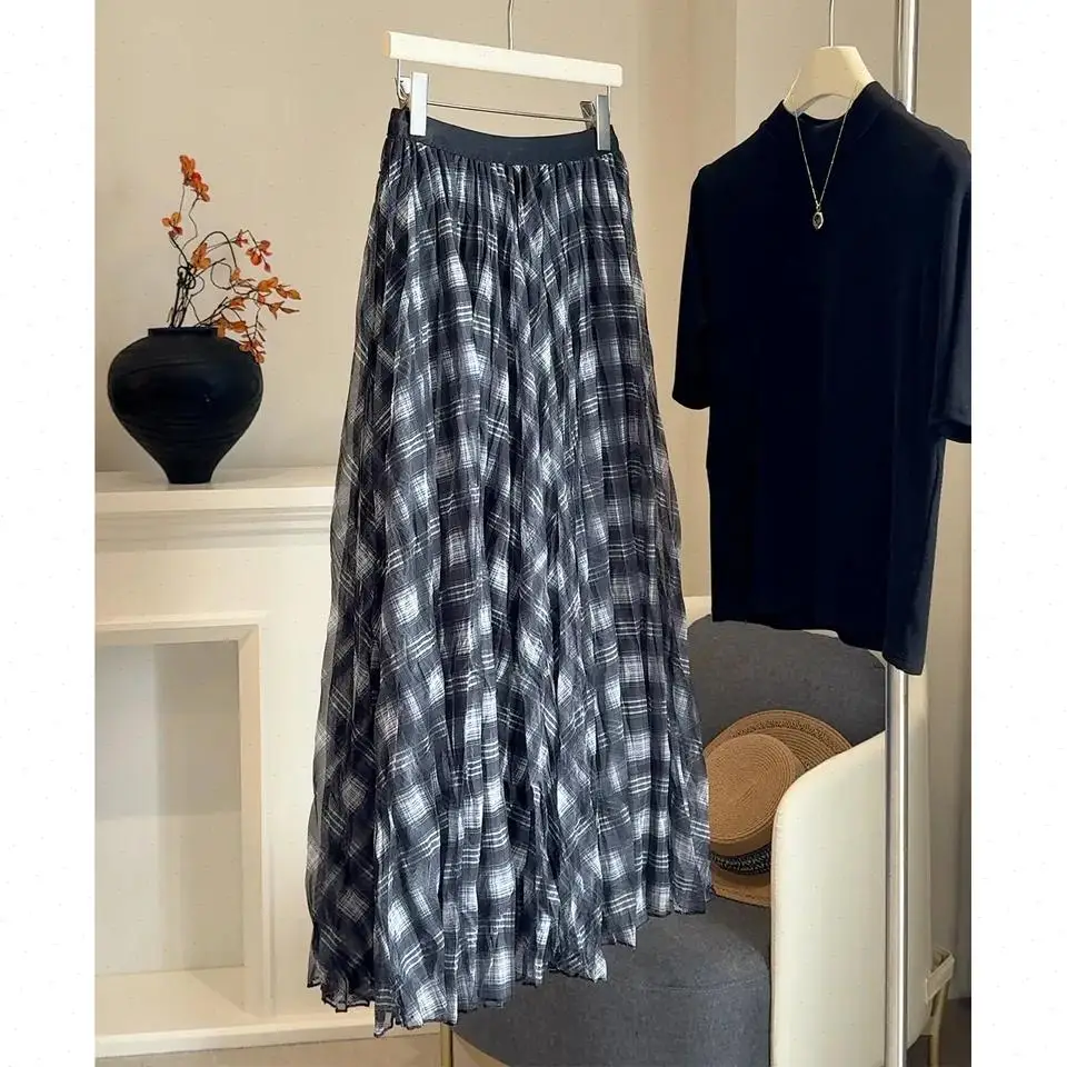Skirts Women Mid Length Skirt A Line Elastic Waist Mix Plaid Elegant Splice Y2k Streetwear Loose Work Casual Beach 2026 Spring