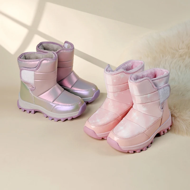 Children's Waterproof Non-slip Leather Ankle Boots Stylish Shiny Kids Winter Fur Warm Shoes Girls Boy Plush Thickened Snow Boots