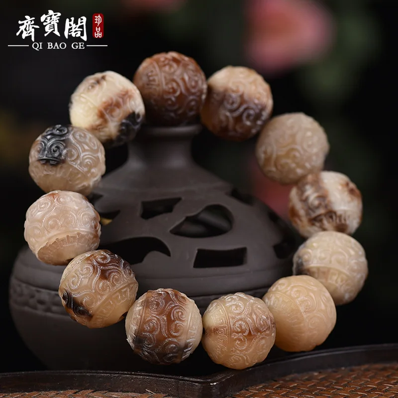 Yak Skull Black Flower Bloodshot Ox Horn Engraved Back Lines Bracelet Men And Women'S Prayer Beads