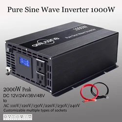 WZRLB 2000W Peak Solar Inverter Pure Sine Wave 24V 220V Off Grid Power Converter 12V 36V 48V DC to 120V 230V 240V AC LCD Screen