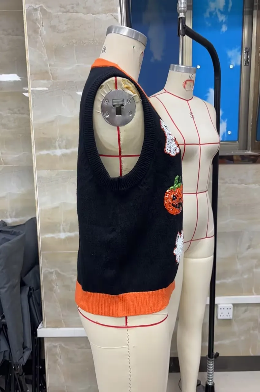 Halloween Women Knit Vest, Sequins Pumpkin Ghost Sleeveless Button Vest