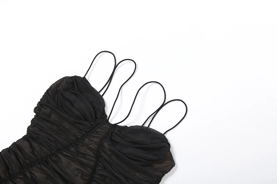 Vestido largo ajustado de malla fruncida forrado para mujer, camisola Sexy sin tirantes con tirantes finos, sin mangas, Espalda descubierta, vestido largo ajustado para fiesta