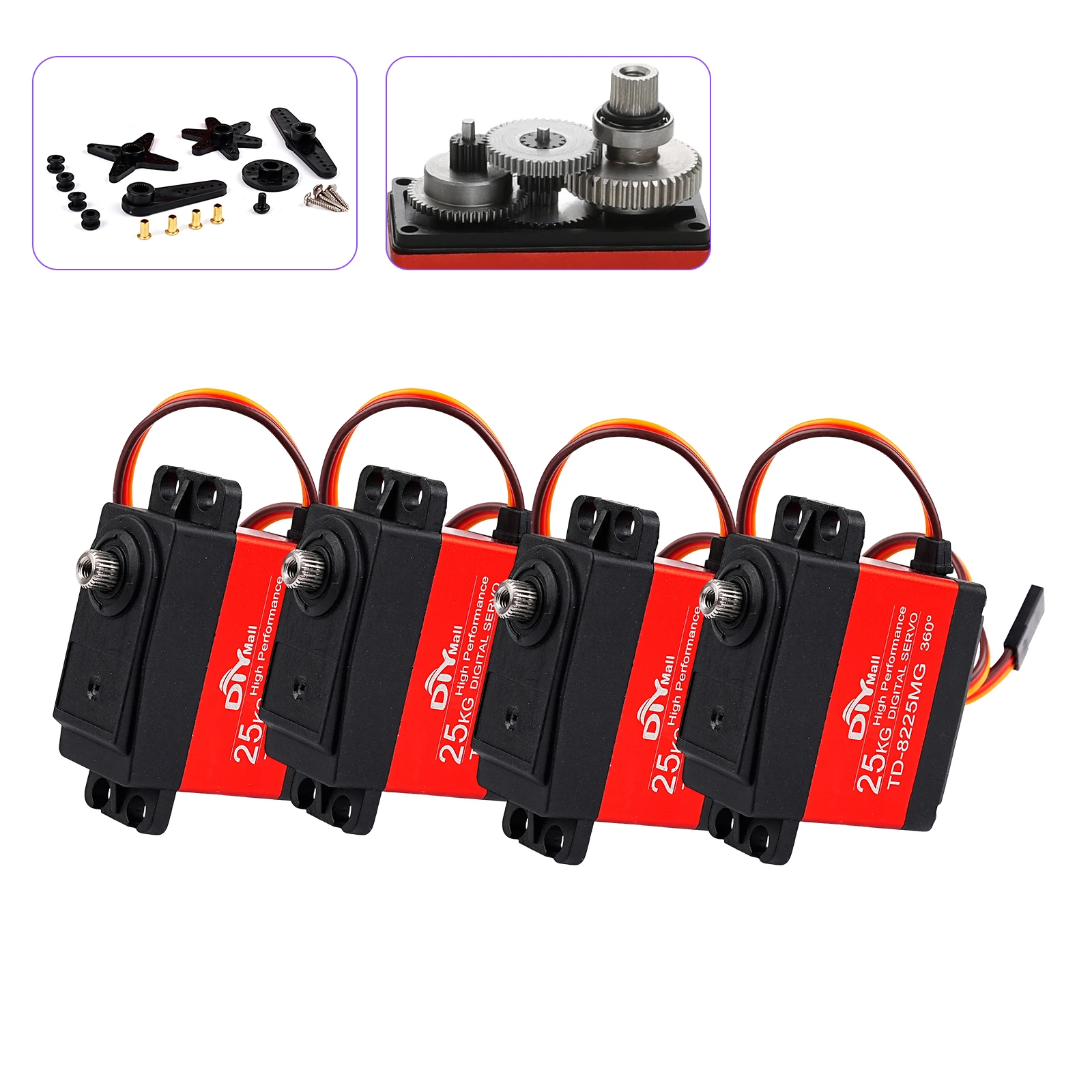 4 pçs de alta velocidade de eixo único TD-8225MG 25kg 180 270 360 ângulo metal engrenagem servo digital para 1/8 1/10 1/12 rc carros baja barco robô