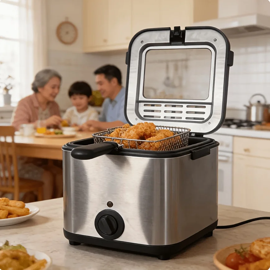 Freidora eléctrica con cesta y tapa, capacidad de aceite de 2,5 litros, calentamiento potente, control de temperatura ajustable, fabricada en acero inoxidable, esencial para la cocina, ventana de visualización fácil de limpiar, color negro.