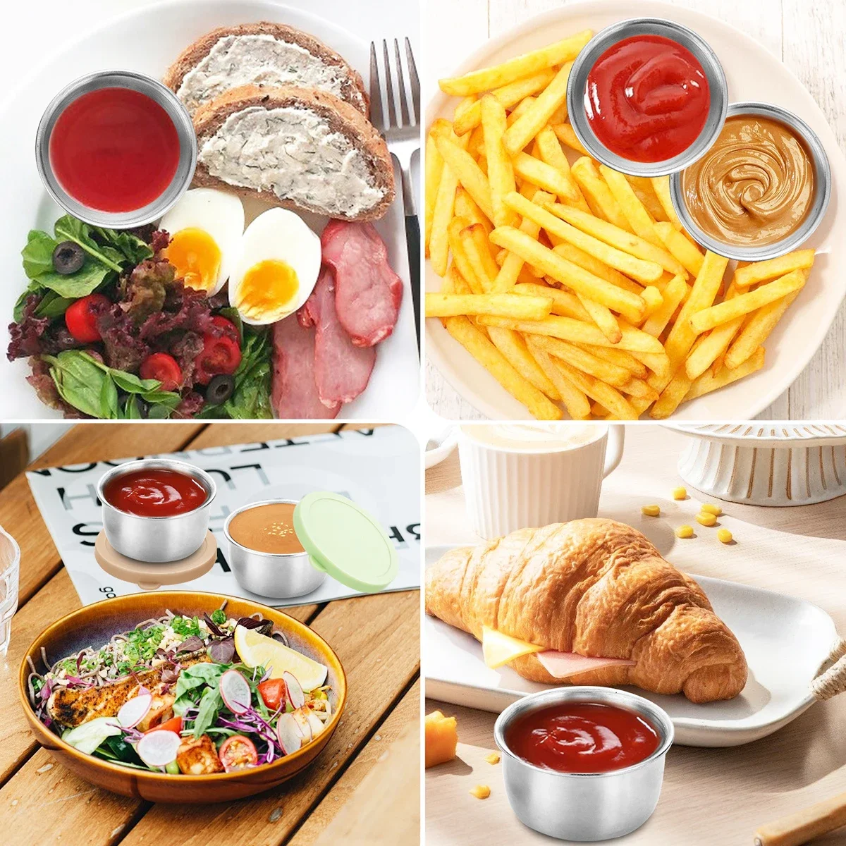 3pcs/set Salad Tomato Sauce Preservation Container Sealed Leak Proof Seasoning Dish with Lid 304 Stainless Steel Gravy Boats