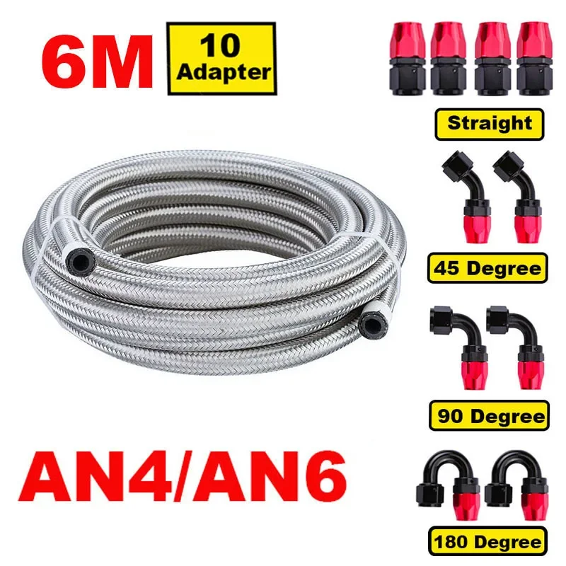 20FT 6M AN4 AN6 Stainless Steel Braided CPE Rubber Car Fuel Hose Line 0/45/90/180 Degree Hose End Fitting Adapters Hose Line Kit