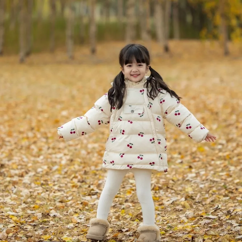 Girls Coat Jacket Cotton Windproof Outwear 2023 Cherry Warm Thicken Velvet Winter Skiwear Children\'s Clothing
