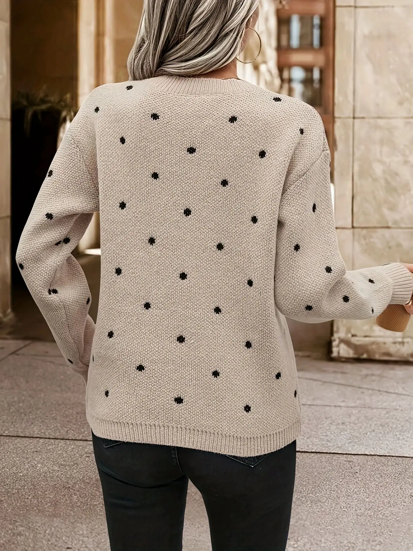 Polka Dot Pattern Knit Sweater Casual Long Sleeve Crew Neck Sweater  Women\'s Clothing