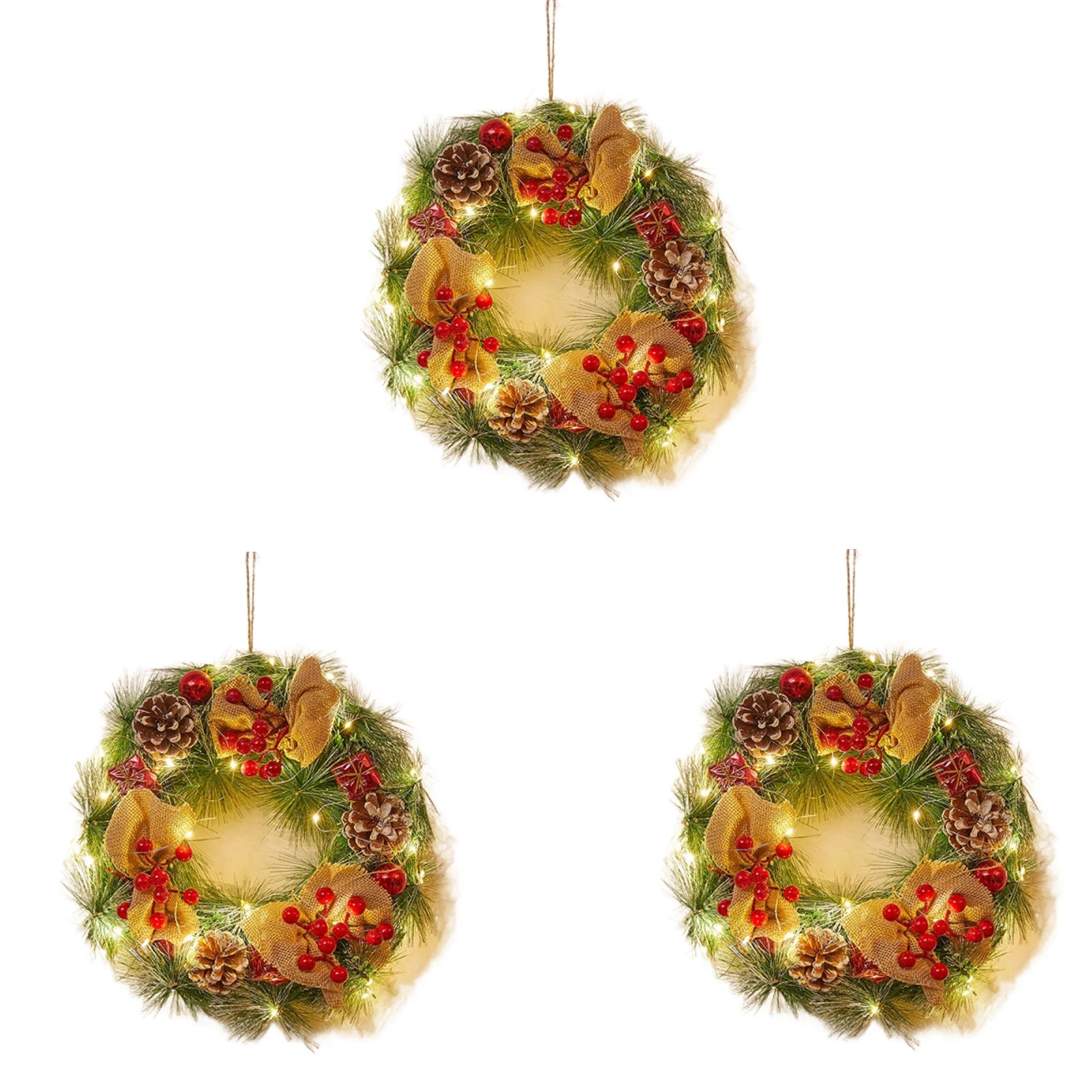 

3-Piece Christmas Kitchen Velvet Ribbon LED Wreaths. Easy Doors, Windows.