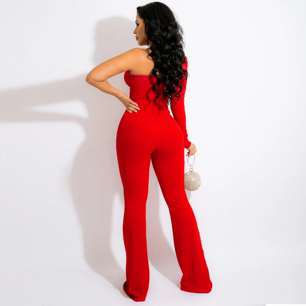 Sexy Party Nightclub Club Sexy Personalized One Shoulder Single Sleeve Hot Rhinestone Jumpsuit