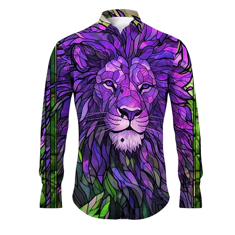Fashion Creative Lion Graphic Men's Shirt Funny 3D Printed Animal Pattern Long Sleeve Tops Loose Lapel Button Breathable Clothes