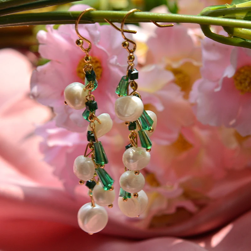 New Arrival Trendy Green Crystal & Natural Freshwater Pearl 14K Gold Filled Female Tassels Drop Earrings Jewelry For Women Gifts