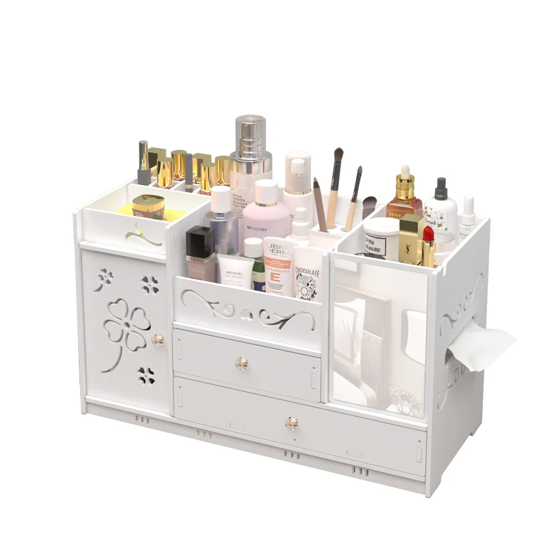 

PVC Wood Plastic Board Cosmetic Storage Box With Mirror, Large Capacity Household Skin Care Tabletop Dresser Shelf