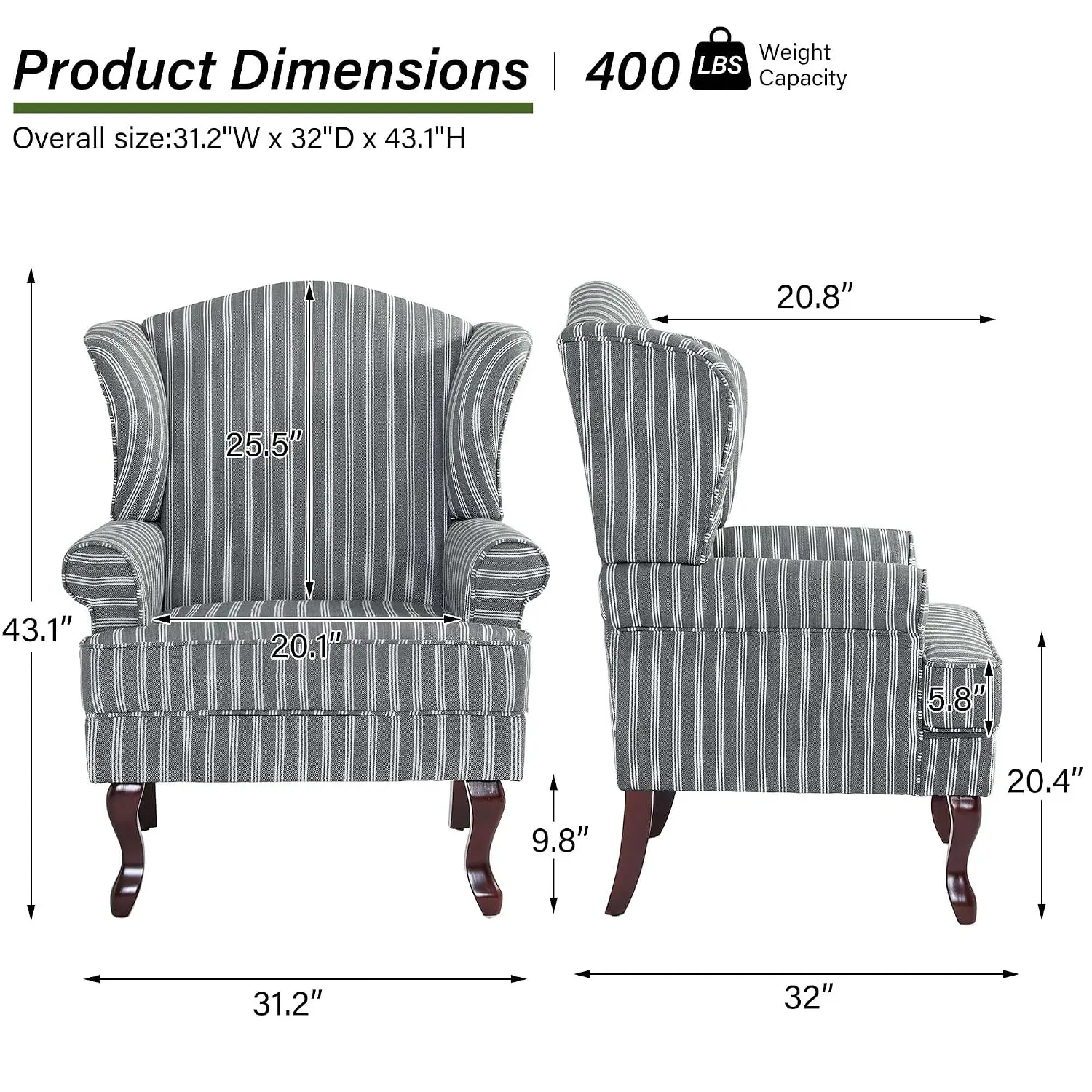 Mid-Century Modern Wingback Accent Chair, Stripe Grey, Set of 2, Customized
