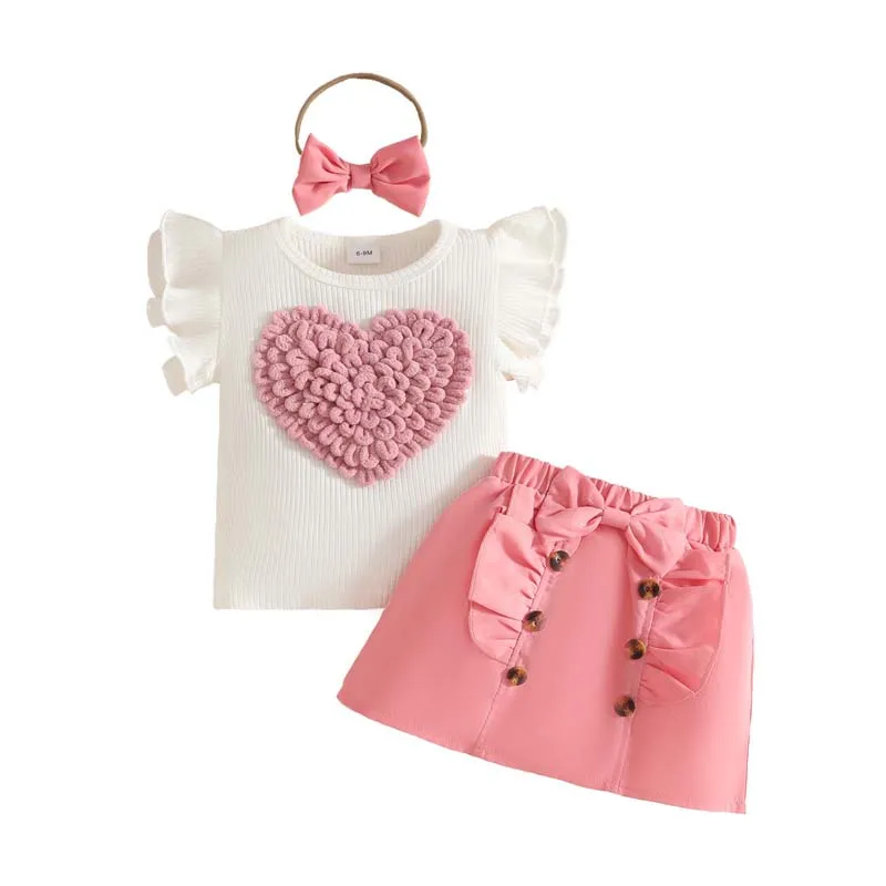 Summer Infants Baby Clothing Fashion 1-3 Years Outfits 3D Heart Tops And Bow-Tie Skirts with Headband Toddlers Girls Clothes