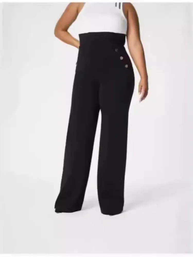 Women Spring Elegant Straight Leg Pants Solid Nude Formal Party Trousers Womans High Cut Elastic Waist Buttons Suit Pants New