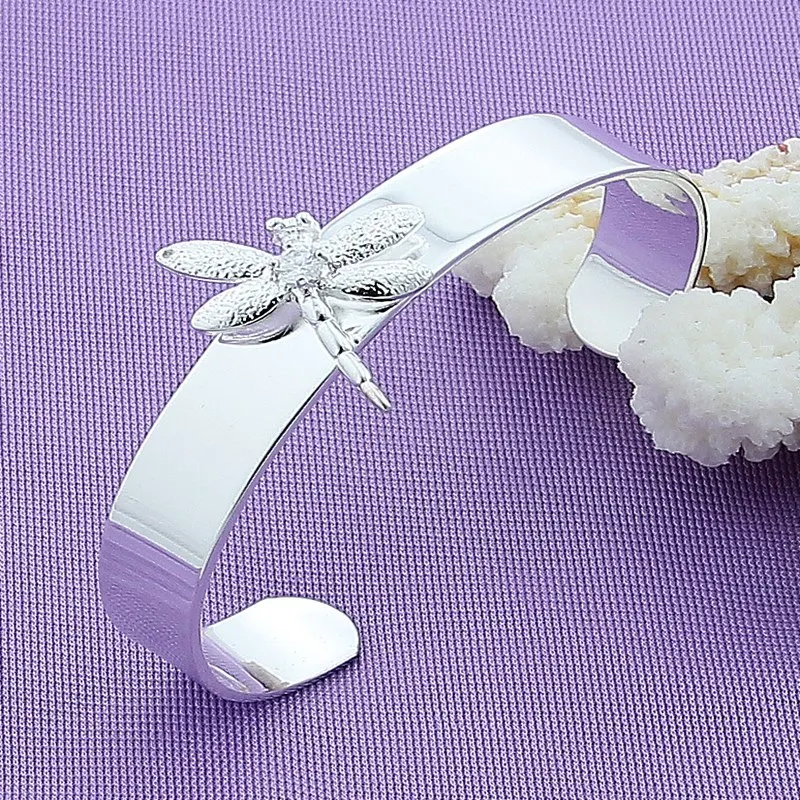 

925 Sterling Silver Dragonfly Smooth Bangle Bracelet For Woman Man Wedding Engagement Fashion Charm Party Jewelry