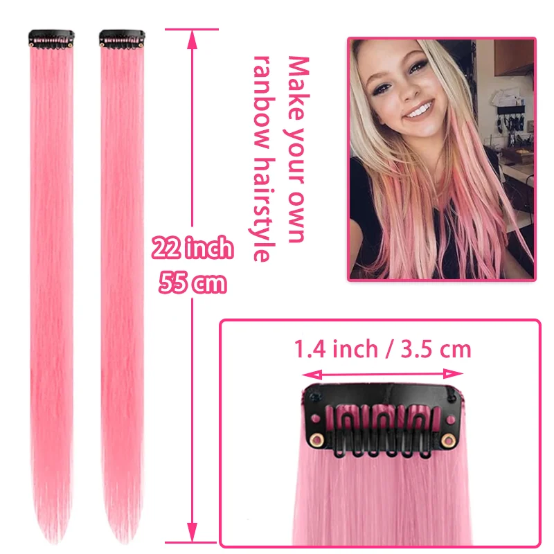 10 Pcs Synthetic Pink Hair Extensions 22 Inch Straight Colored Hair Colorful Clip Highlight Party for Kids and Women Gift