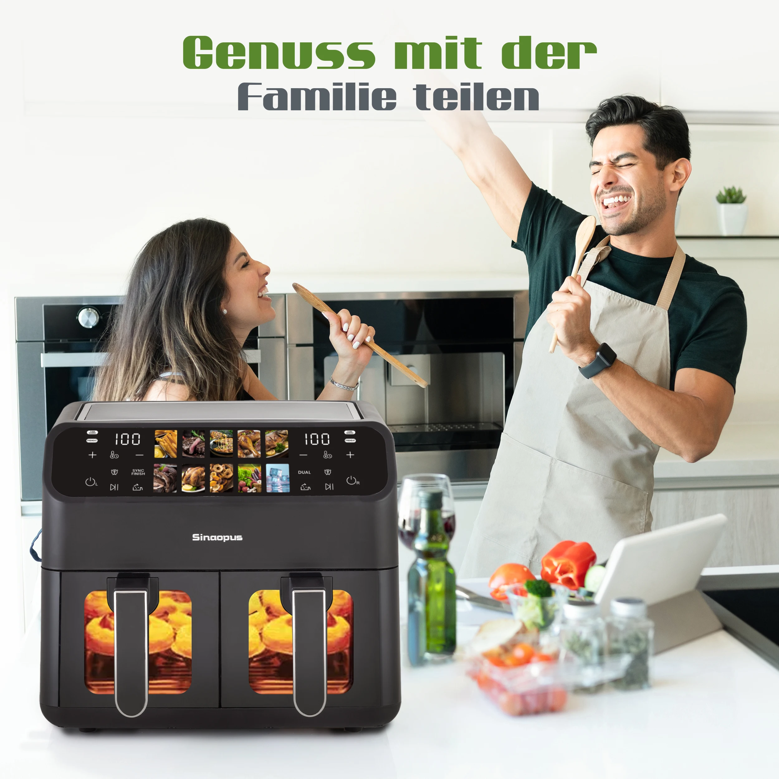 9L multifunctionele luchtfriteuses met dubbele mand Slimme machine Kijkvenster Elektrische hete friteuse Olievrij fornuis met LED-aanraakbediening
