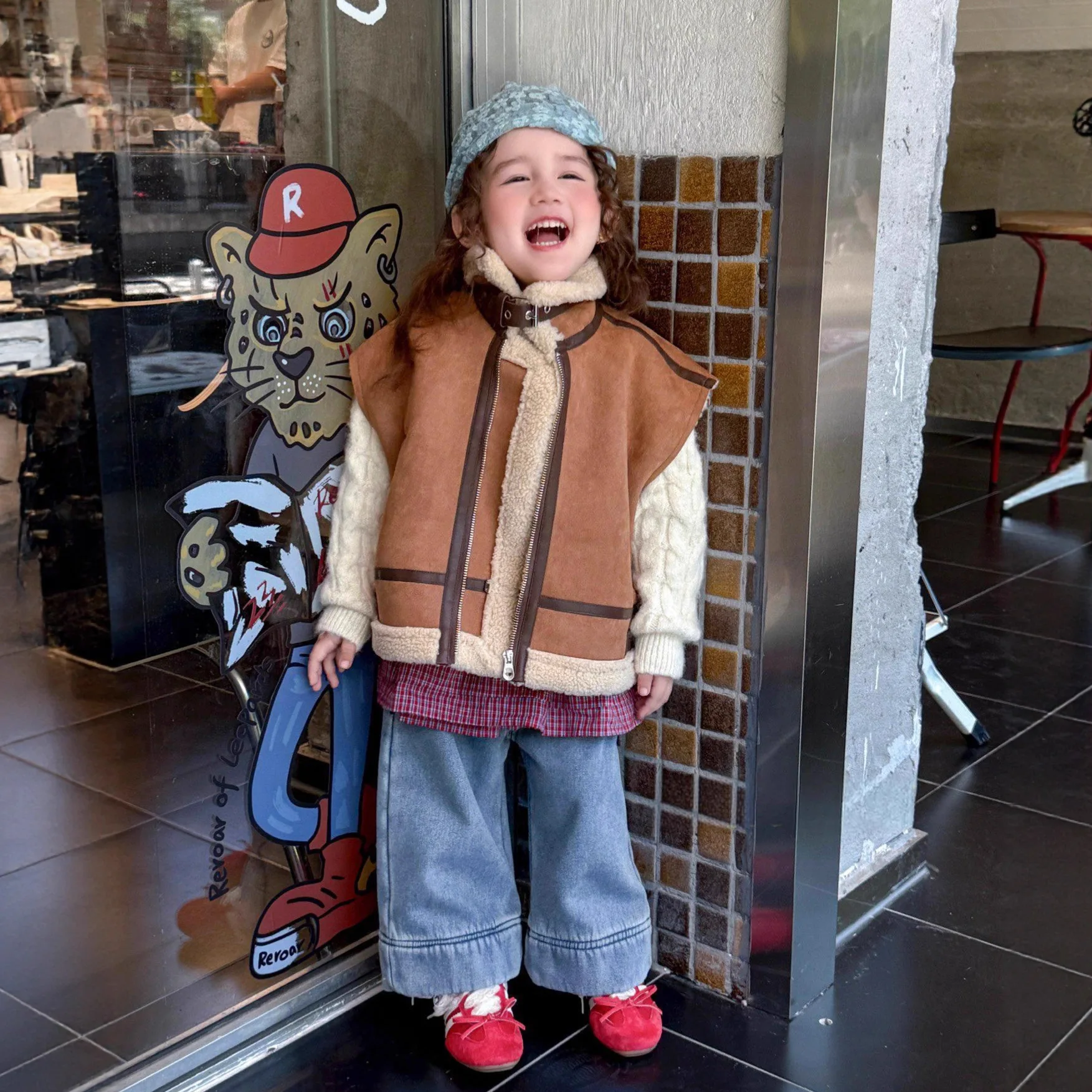

Fur Coat Jacket Vest Jeans Denim Suits Kids Set Casual 2025 Winter New Boys Girls Loose Versatile Lambskin Middle Young Children