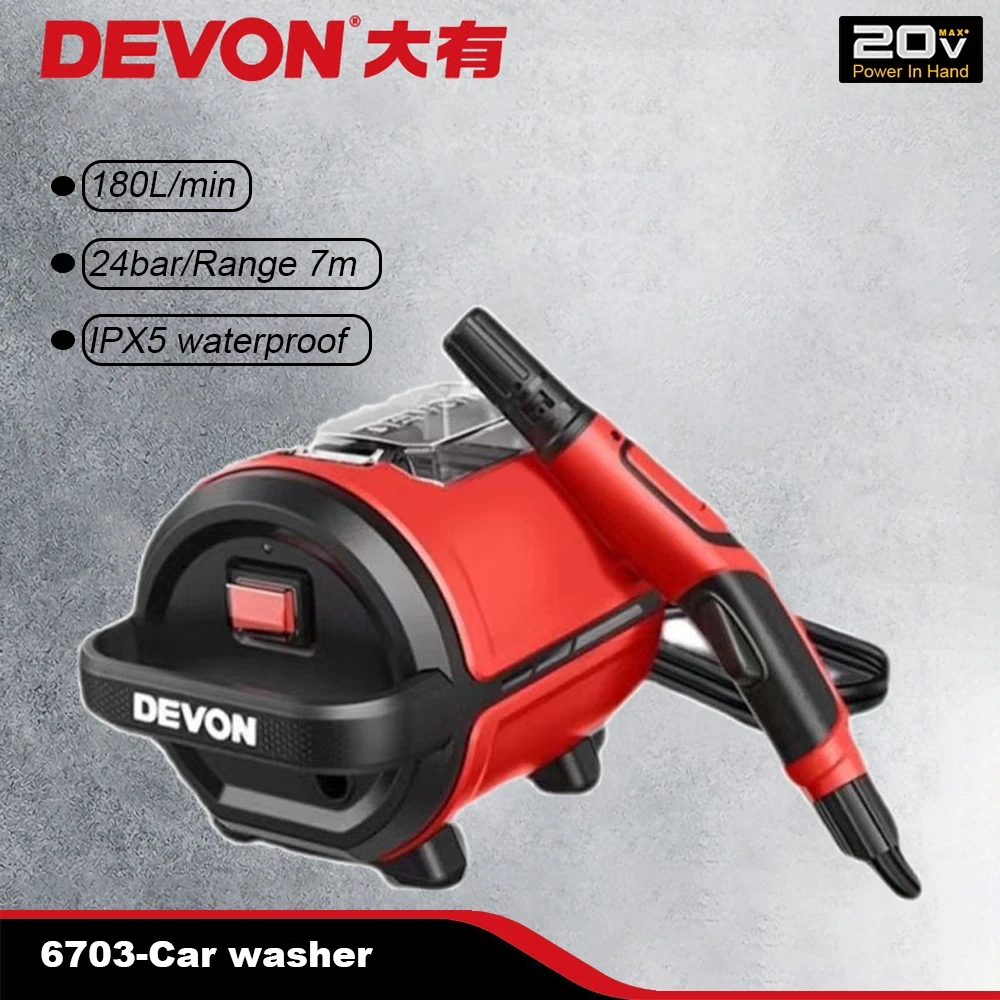 

Devon 20v Cordless Car Washer Brushless 6703 Rated 24bar 180L/h IPX5 for Home and Garden Cleaning Universal Flex Battery