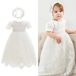 Baby Girl White Christening Dress Newborn Embroidery Puffy Vestido+Hat Princess Baptism Gown Flower Girl Wedding Dress for Baby