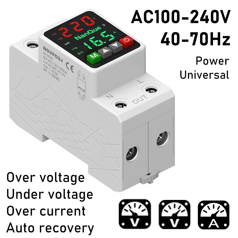 100-240V Universal V A Protector 1-63A 80-300V Adjustable Automatic Cut Off Power and Recovery Voltage Current Amp Measure