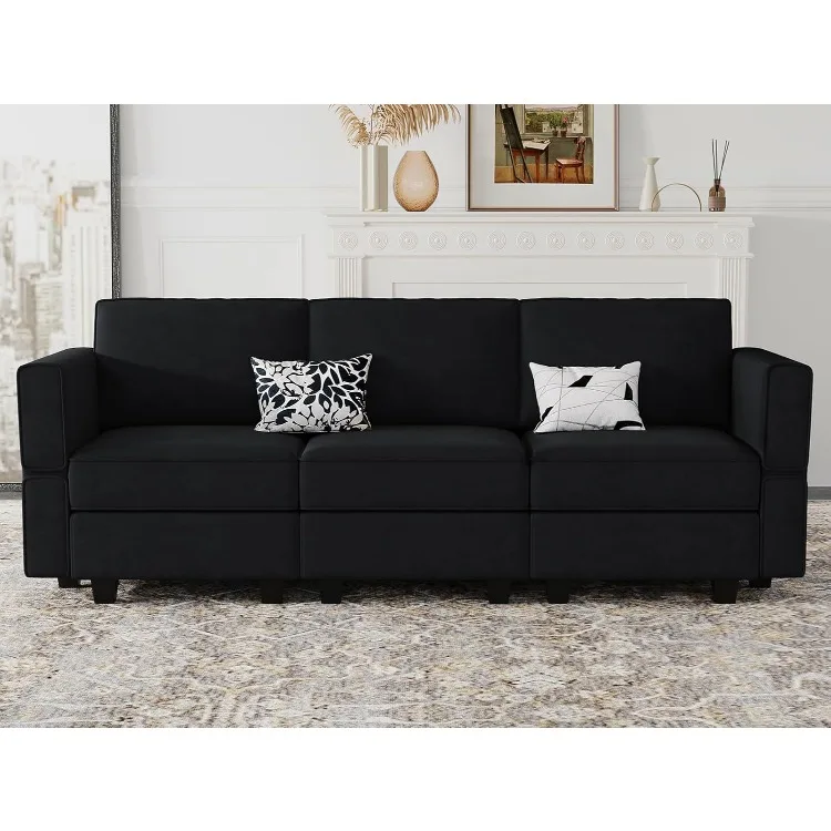 Modular Sofa Couch with Storage Seats Velvet 3 Seater Sofa for Living Room Black