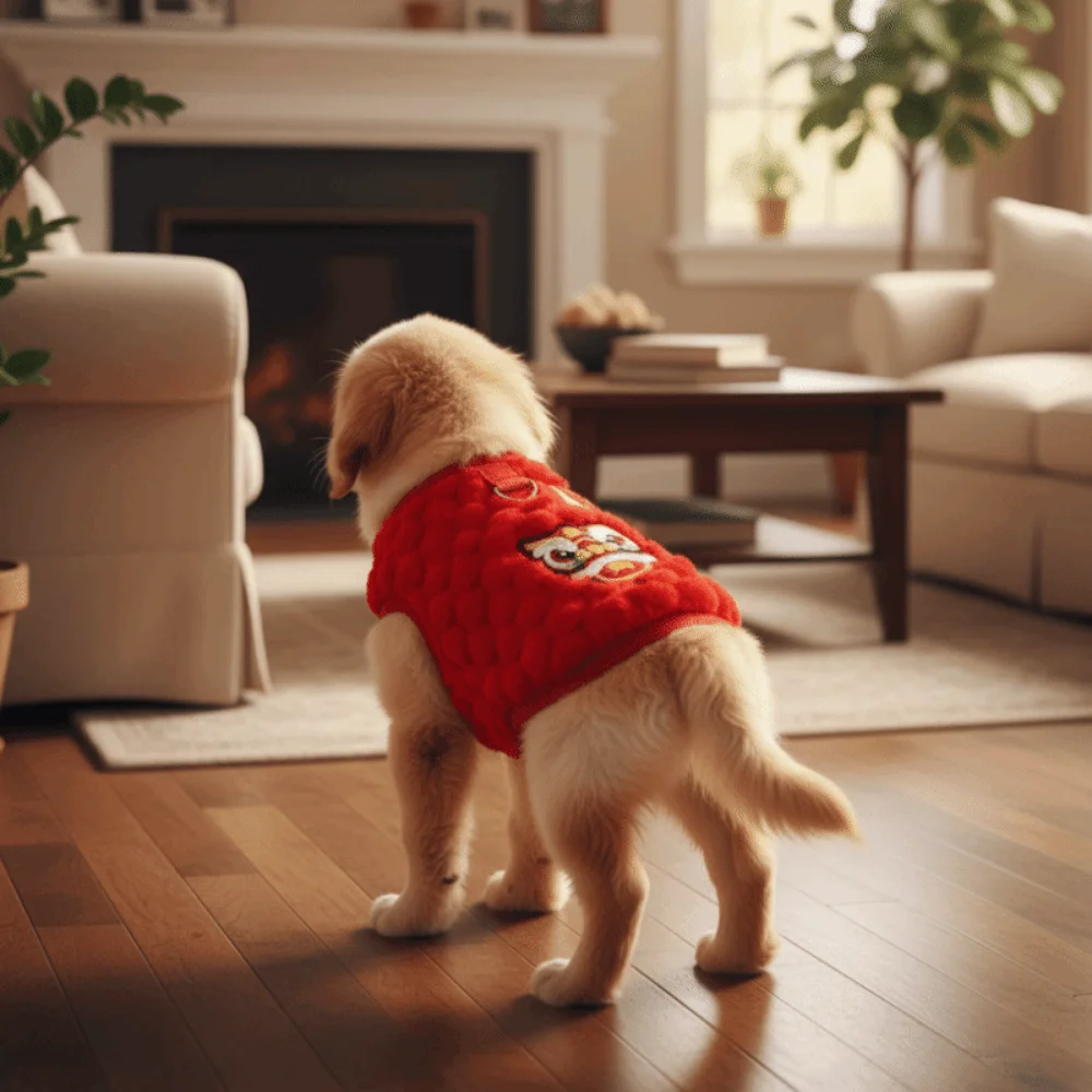 

Pet Clothes Warm Dancing Lion Cat Coat Fluffy Red New Year Pet Vest Soft Embroidered Winter Dog Jacket Puppy Dogs