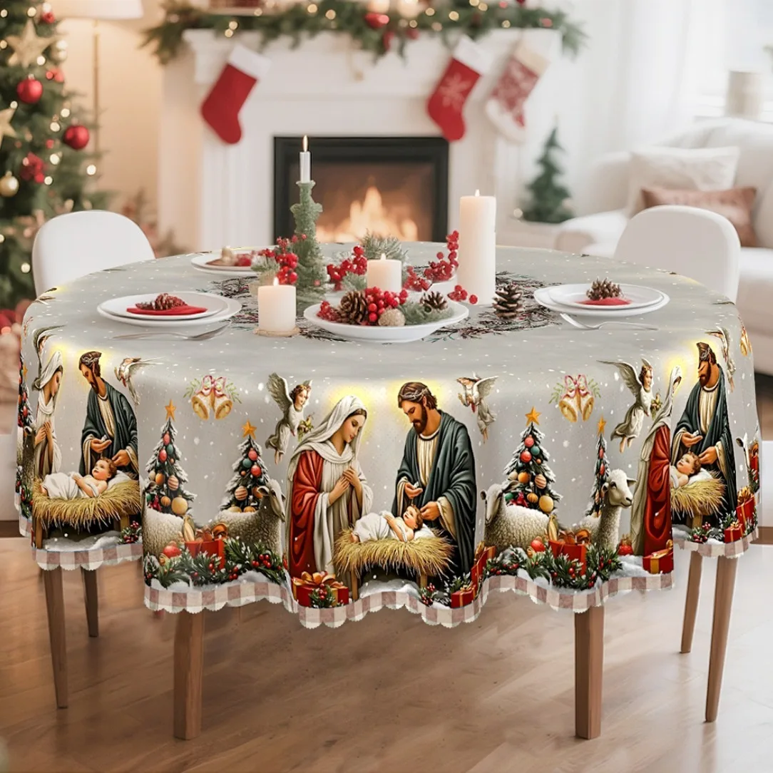 1PC Tablecloth, Nativity Sacred Style, Christmas Tablecloth, Angel, Christmas Tree and Nativity Pattern
