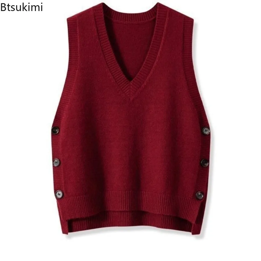Woman Retro V-neck Sweaters Knitted Vest 2025 Autumn Winter Loose Sleeveless Knitwear Fashion Femme Winter Pullover Sweaters