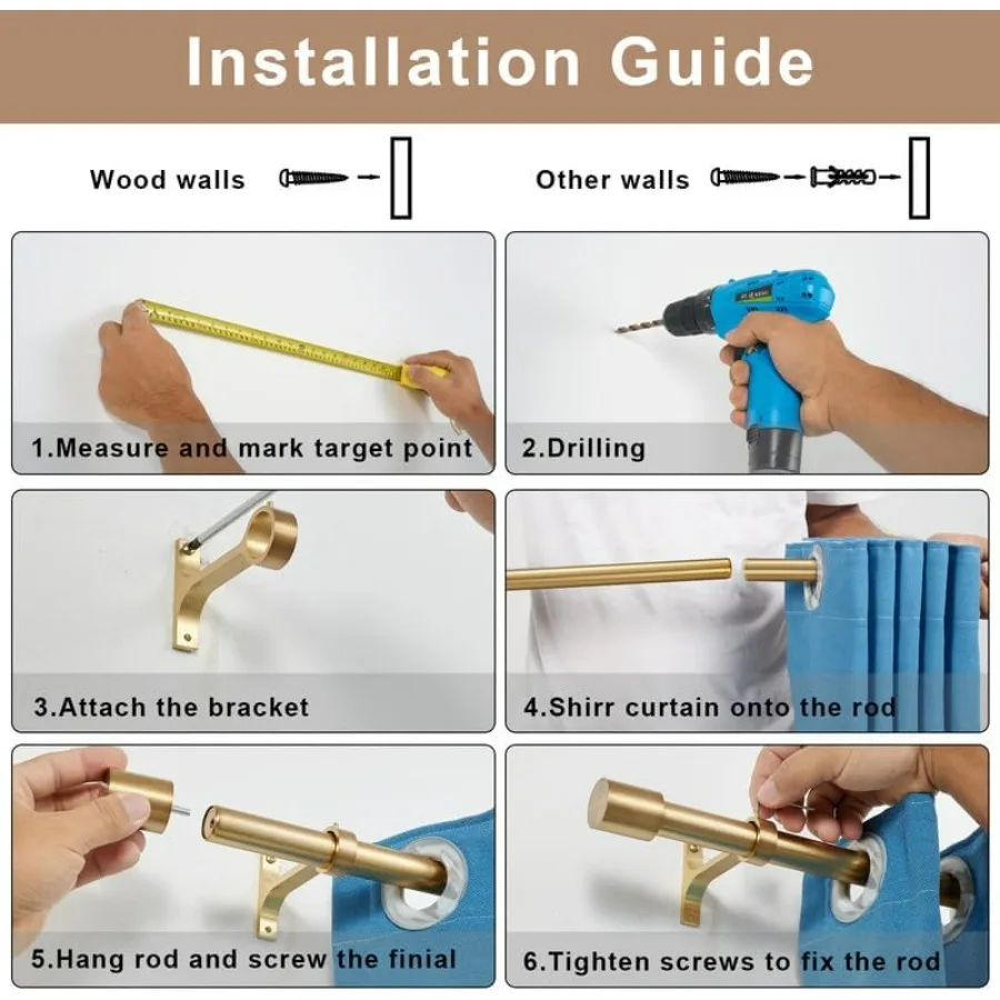 عبوتان من قضبان ستائر للنافذة 72-144 بوصة، قضبان ستائر تلسكوبية مزخرفة باللون الذهبي الدافئ مع غطاء نهائي، نافذة شديدة التحمل مقاس 1 بوصة #6