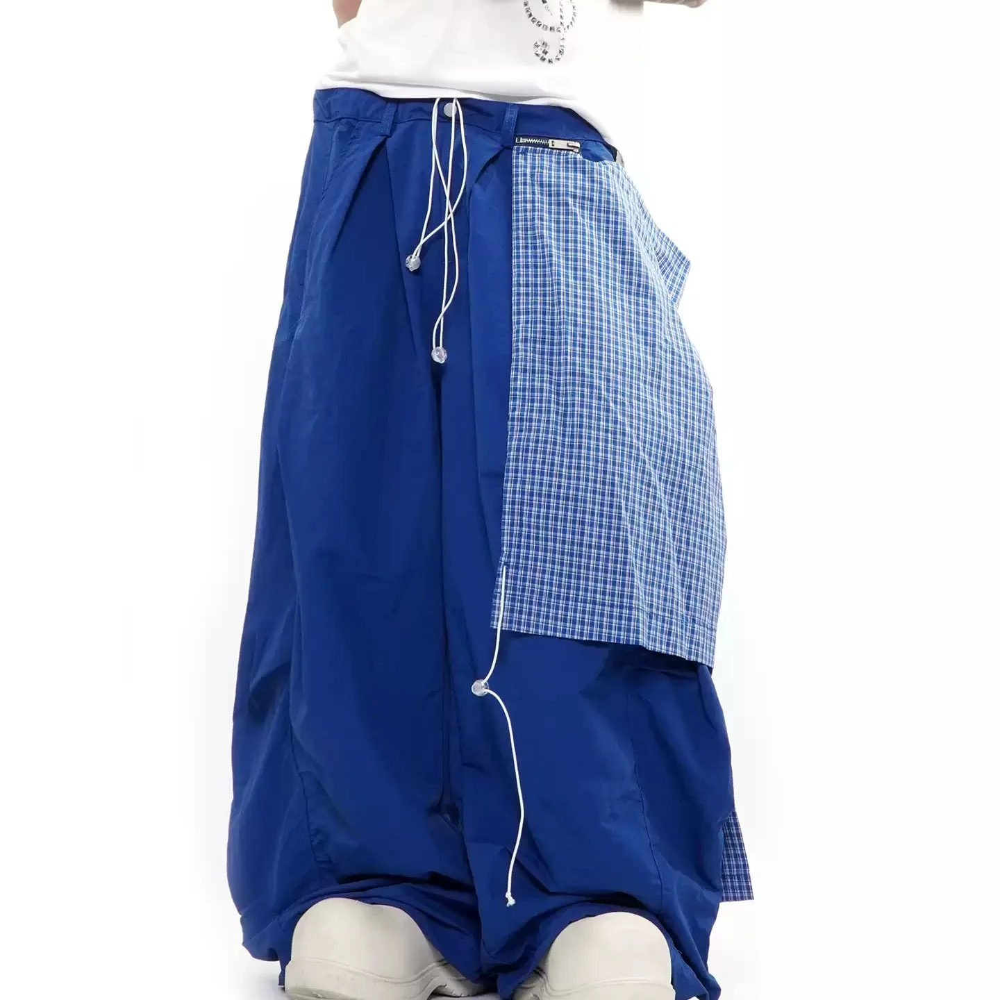 

American Style Street Fashion Double Waist Nylon Detachable Plaid Casual Pants For Man Bend Knife Oversize Loose Trousers