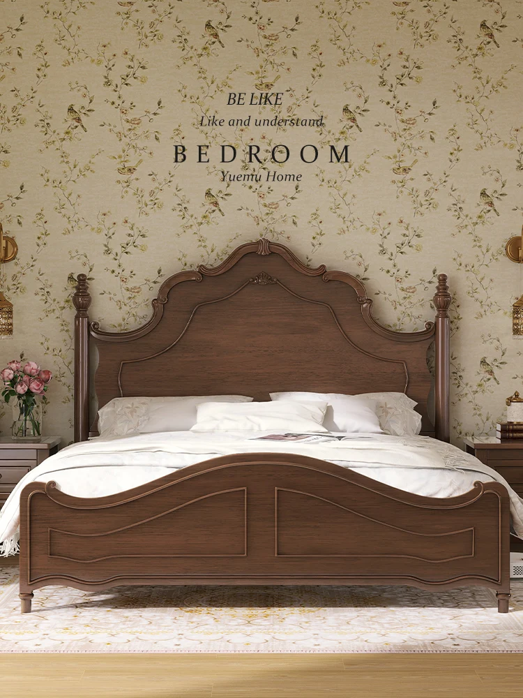 Simple style American solid wood bed Modern simple 1.5m 1.8m double bed Retro French bed light luxury main bed