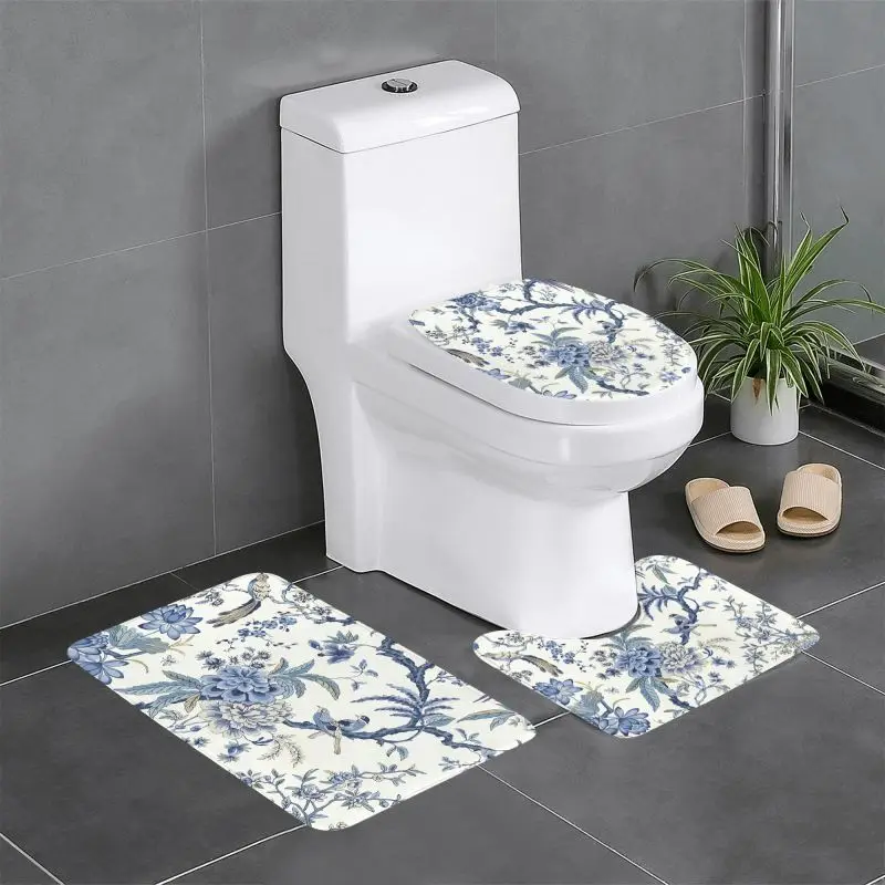 3 Pcss Set Chinoiserie Blue and White Outdoor Bule Birds Flowers Non-Slip Bath Mats Toilet Seat Cover U-Shaped Mat and Floor Rug