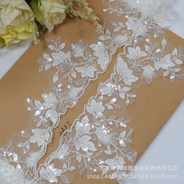 3Yards 11cm wide Beaded Sequins Edge Polyester Embroidery Lace Trim for Bridal Wedding Gown Costume Design Lace Ribbon