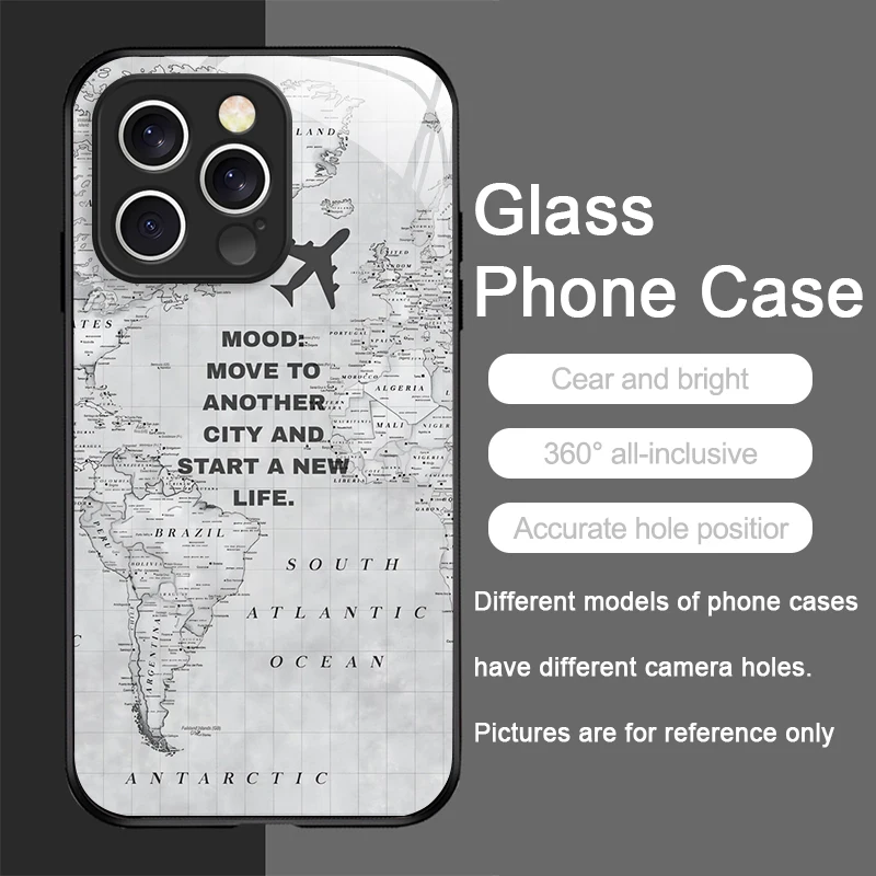 Custodia per telefono in vetro temperato con mappa di viaggio creativa modello aereo per IPhone 17 16 Pro Max 15 14 13 12 Mini 11 X XS 7 8 Plus Copertine