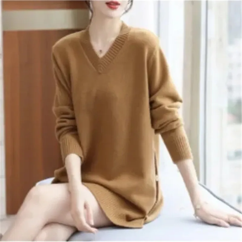 Women Clothes Pullovers Autumn Winter 2024 New Knitted Undershirt Sweater Plus-size V-neck Midi Loose Color All-match Jumper