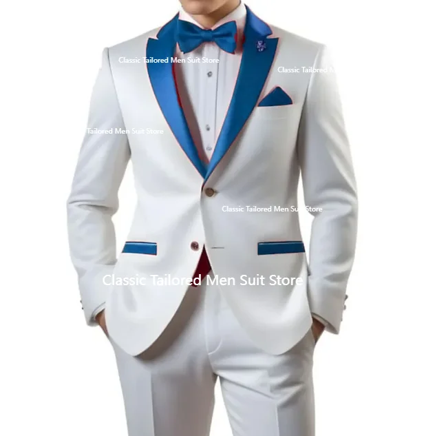 Customized White Men Suits Single Breasted Red Notch Lapel Slim Fit Male Clothing High Quality Wedding 2 Piece Jacket Pants