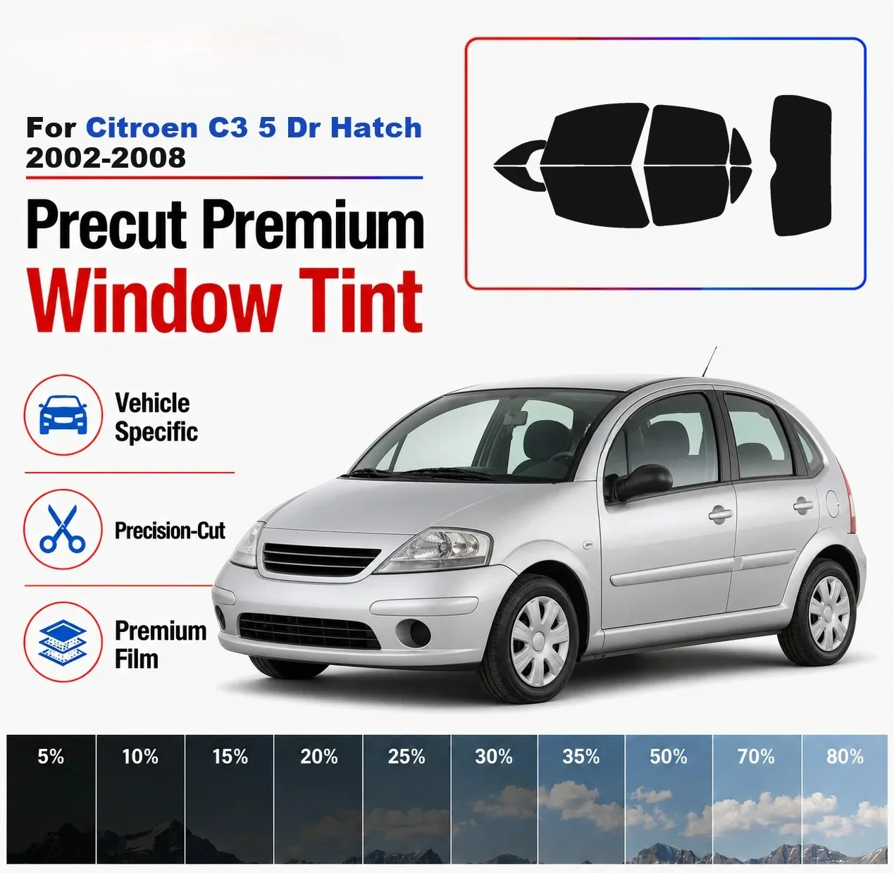 Premium Precut Window Tint Kit Front Rear Windows Rear Windshield For Citroen C3 5Dr Hatch 2002-2008 Car Solar Nano Ceramic Film