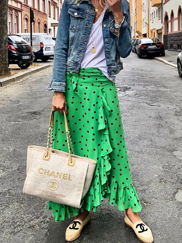 SKMY 2024 Summer Ruffle Irregular Maxi Skirt Strap Streetwear Fashion Green Pokal Dot Print Long Skirt Clothes For Women