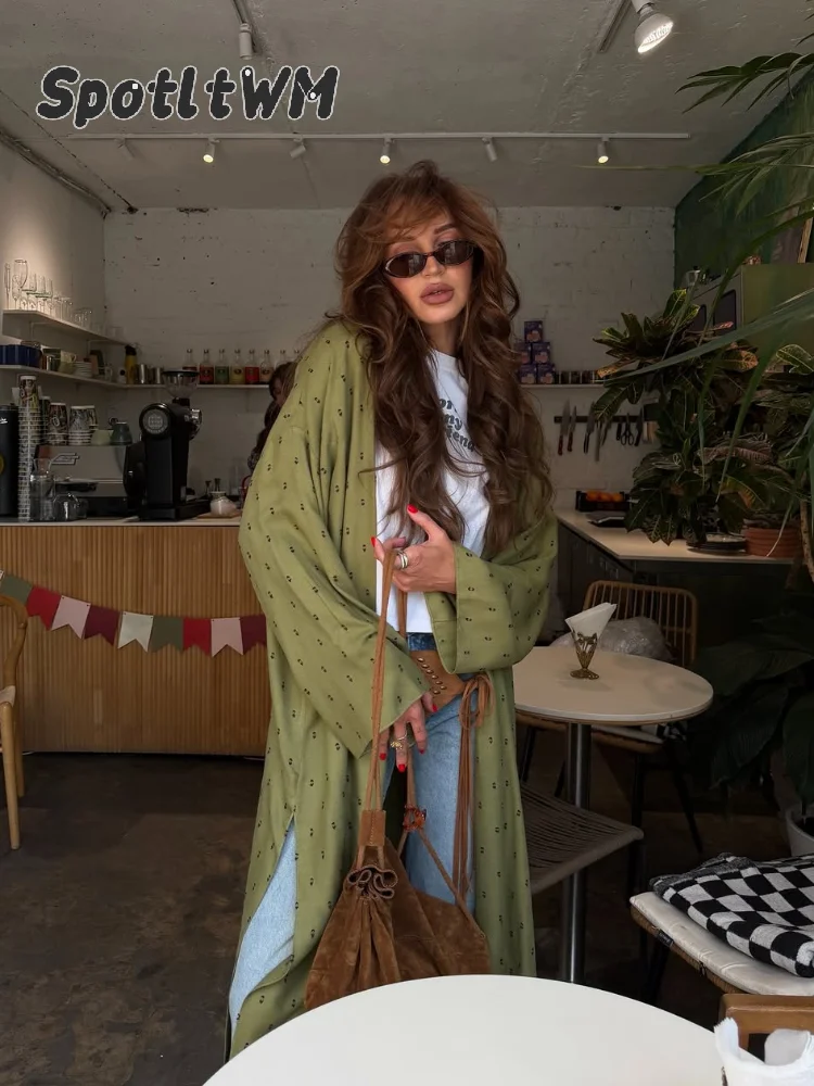 Women Printed Long Cardigan Jacket Green Long Sleeve Loose Split Elegant Coat Elegant Spring Autumn Lady Daily Street Outwear