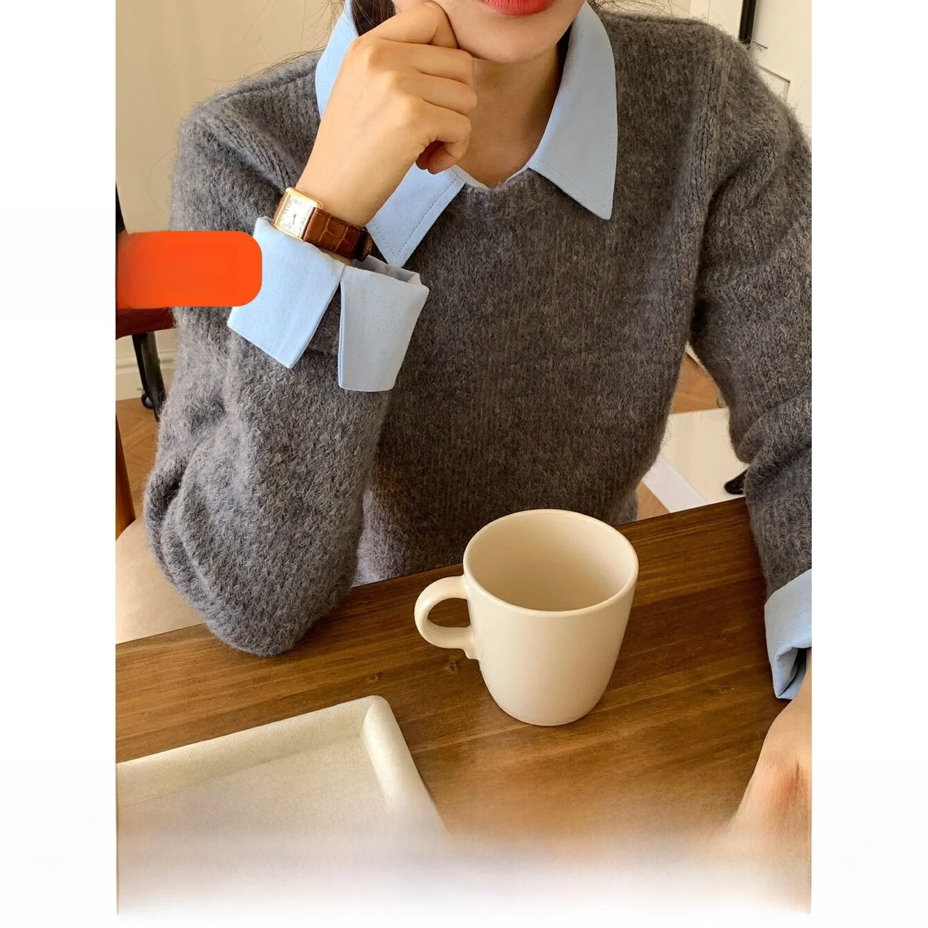 

Ele Spliced irt Collar Knitwear Sweater Base Layer Autumn Winter Faionable Fake Two-Piece Top for Women