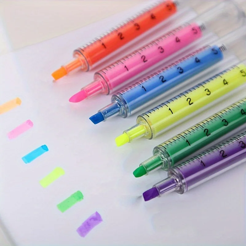 6pcs thick/thin Highlighter Markers, Syringe Style Highlighter, Drawing Markers, School And Office Supplies