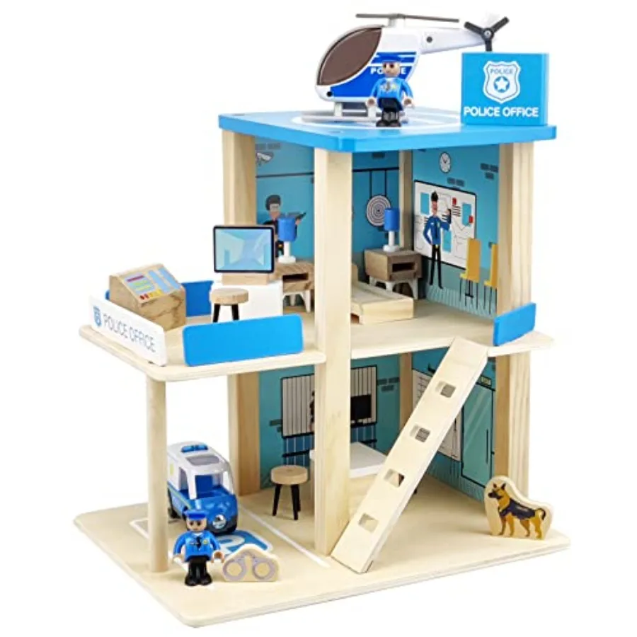 

Wooden Police Station Playset Toy Multicolor 3-Level Pretend Play Dollhouse Set with Figures Car Helicopter and Accessories Pre