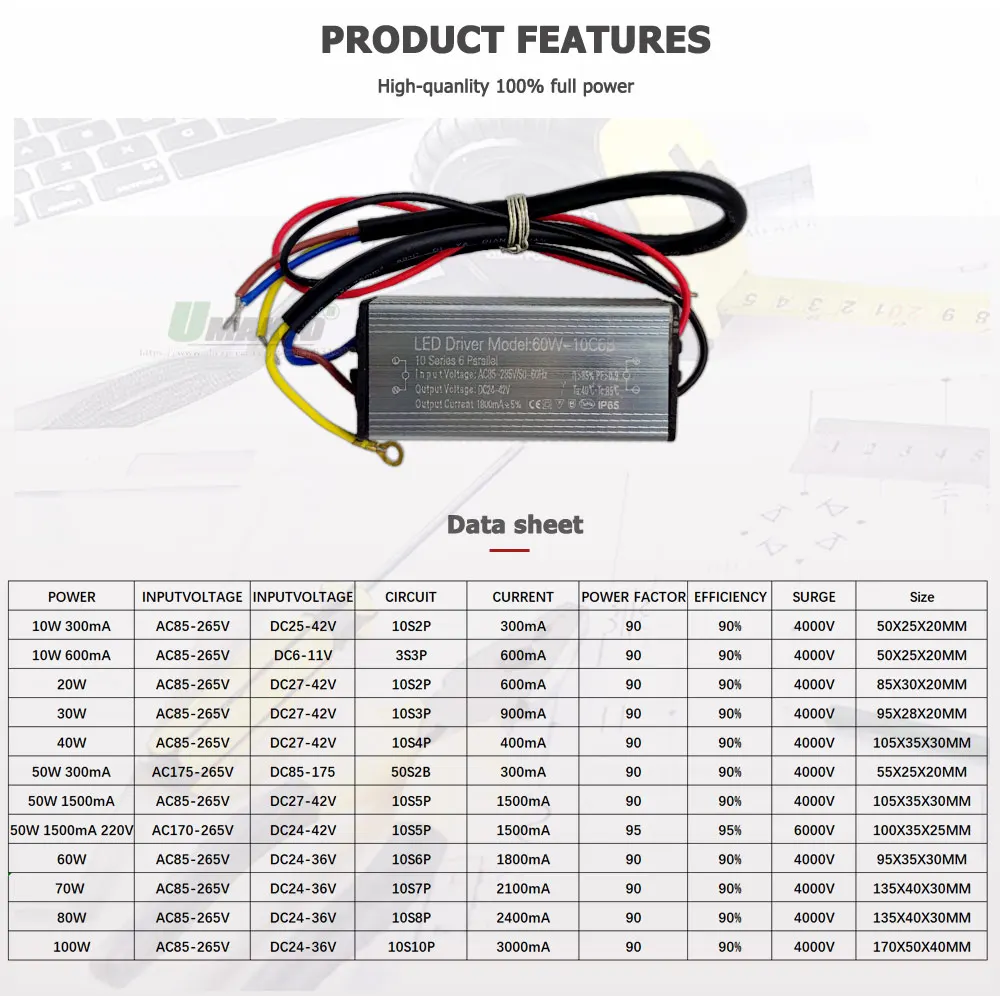 LED Driver 10W 20W 30W 50W 60W 70W 80W 100W AC85-265V Waterproof Power Supply Lighting Transformers For Out Door  Floodlight DIY