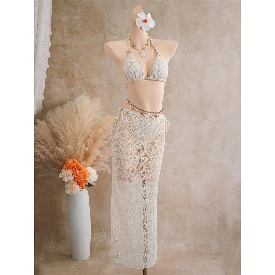 Mit Rockblättern bedruckter Neckholder-Bikini, Damen-Badeanzug, dreiteiliges Bikini-Set, Badebekleidung, Badeanzug, Schwimmbekleidung V8419 – Detail 5